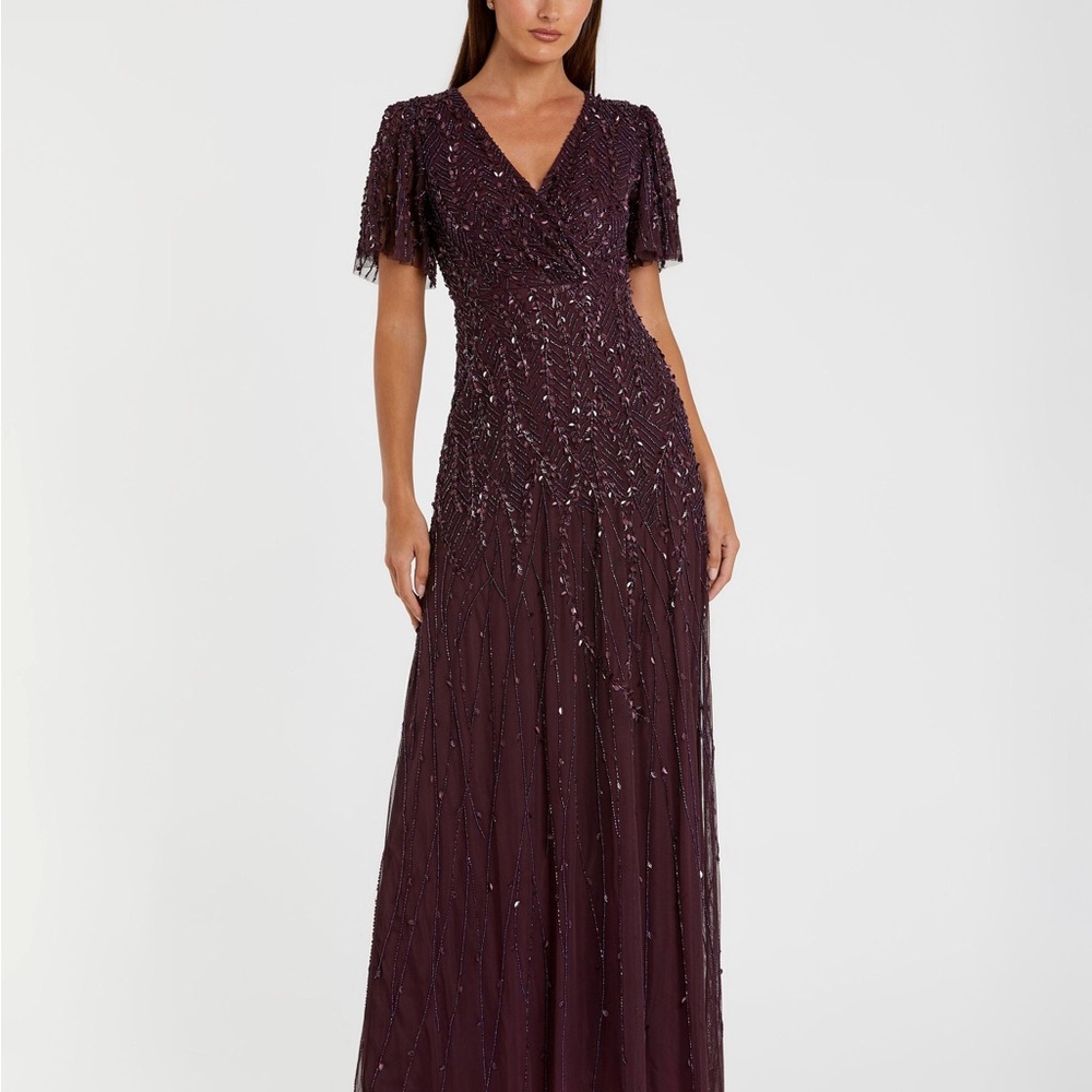 Burgundy Embellished Flutter Sleeve Gown Mac Duggal Style #35109